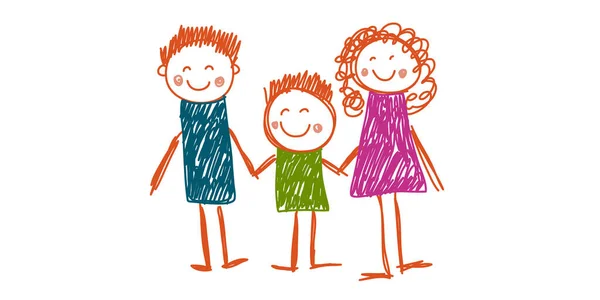 Feliz retrato familiar. Familia feliz con sonrisa alegre. Madre, padre, hermana, hermano. Estilo de dibujo de niños. Ilustración vectorial niños pequeños. — Archivo Imágenes Vectoriales