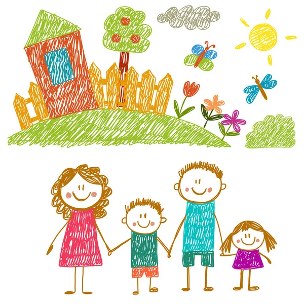 Evli mutlu bir aile. Çocuk resimleri. Anaokulu çocuk resimleri. Anne, baba, kız kardeş, erkek kardeş. Ebeveynler, çocukluk.