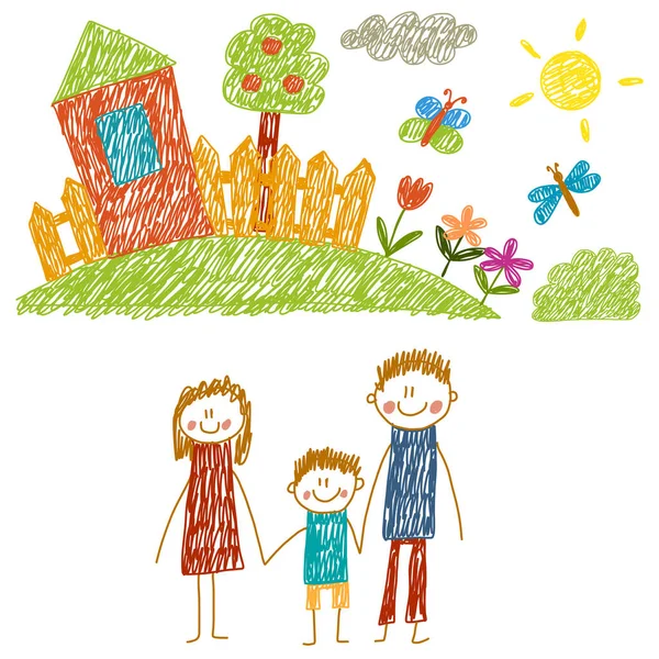 Famiglia felice con casa. Disegno per bambini. Scuola materna illustrazione bambini. Madre, padre, sorella, fratello. Genitori, infanzia. — Vettoriale Stock