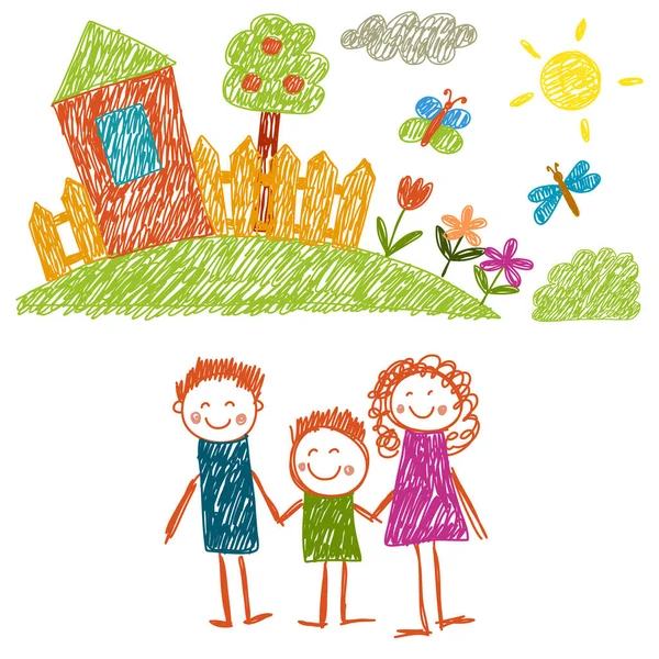 Famiglia felice con casa. Disegno per bambini. Scuola materna illustrazione bambini. Madre, padre, sorella, fratello. Genitori, infanzia. — Vettoriale Stock