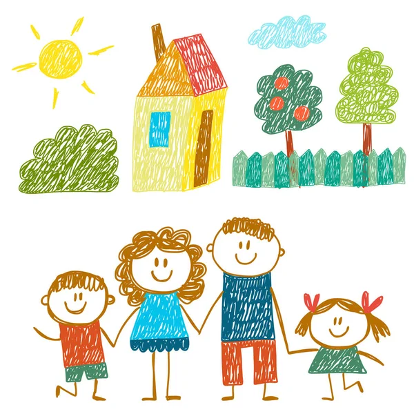 Šťastná rodina s domem. Dětská kresba. Ilustrace pro děti ve školce. Matka, otec, sestra, bratr. Rodiče, dětství. — Stockový vektor