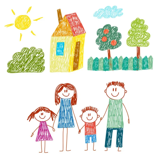 Joyeux famille avec maison. Des enfants dessinent. Illustration pour enfants de la maternelle. Mère, père, sœur, frère. Parents, enfance. — Image vectorielle