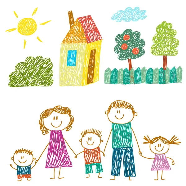 Evli mutlu bir aile. Çocuk resimleri. Anaokulu çocuk resimleri. Anne, baba, kız kardeş, erkek kardeş. Ebeveynler, çocukluk.