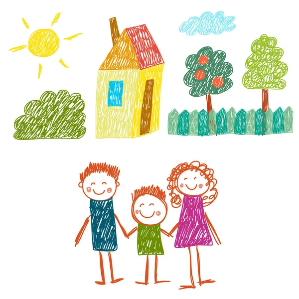 Szczęśliwa rodzina z domem. Dzieci rysują. Ilustracja dzieci w przedszkolu. Matka, ojciec, siostra, brat. Rodzice, dzieciństwo. — Wektor stockowy