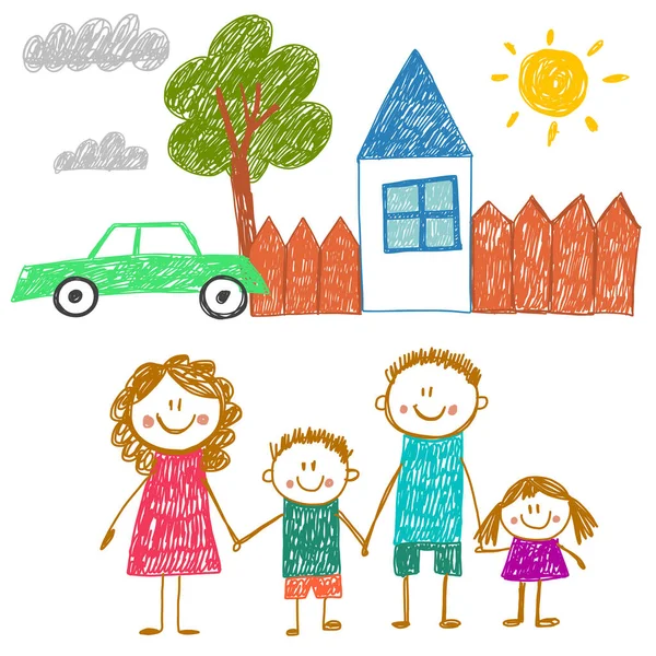 Familia feliz con casa. Niños dibujando. Ilustración infantil de jardín de infantes. Madre, padre, hermana, hermano. Padres, infancia. — Vector de stock