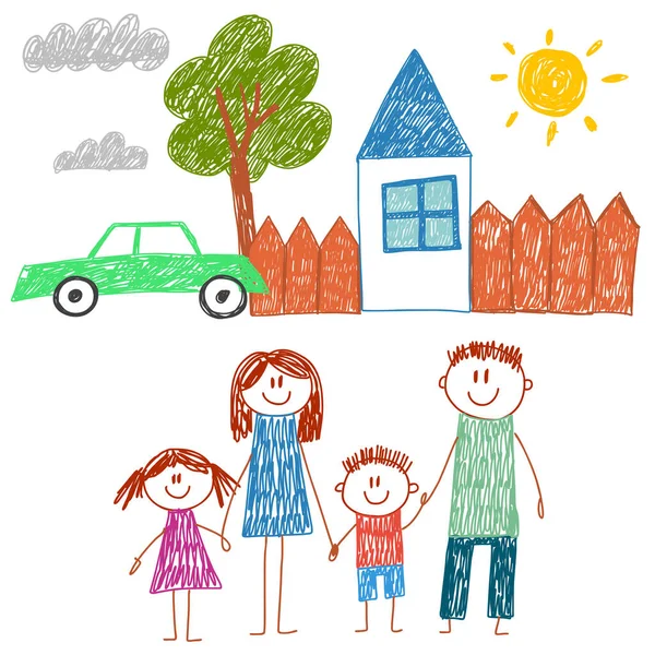 Evli mutlu bir aile. Çocuk resimleri. Anaokulu çocuk resimleri. Anne, baba, kız kardeş, erkek kardeş. Ebeveynler, çocukluk.