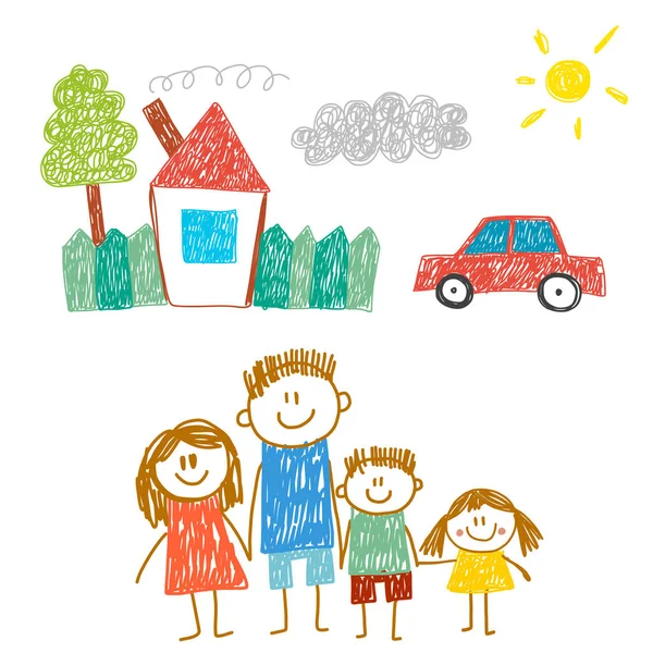 Familia feliz con casa. Niños dibujando. Ilustración infantil de jardín de infantes. Madre, padre, hermana, hermano. Padres, infancia. — Vector de stock