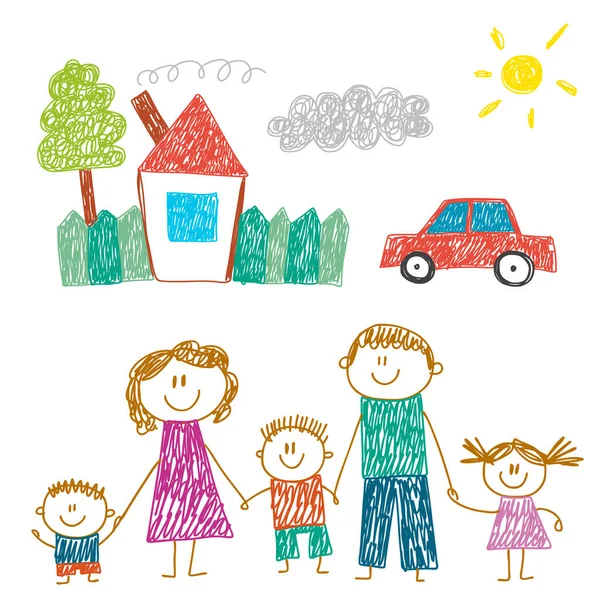 Familia feliz con casa. Niños dibujando. Ilustración infantil de jardín de infantes. Madre, padre, hermana, hermano. Padres, infancia. — Vector de stock