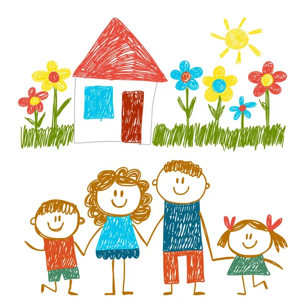 家で幸せな家族。子供の絵。幼稚園児イラスト。お母さん、お父さん、お姉さん、お兄さん。両親、子供時代. — ストックベクタ