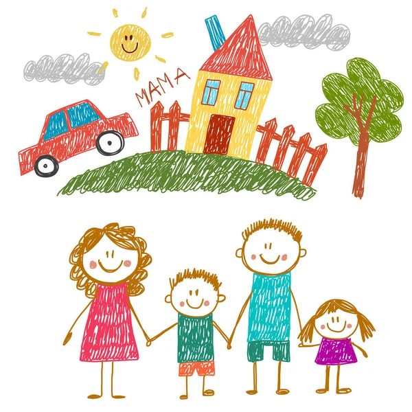 집이 있는 행복 한 가족. 아이들의 그림. 유치원 아이들의 그림. 어머니, 아버지, 자매, 형제. 부모, 어린 시절. — 스톡 벡터