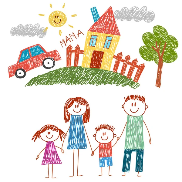 Happy family with house. Kids drawing. Kindergarten children illustration. Mother, father, sister, brother. Parents, childhood. — Stock Vector