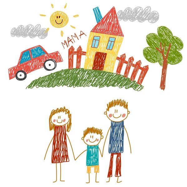 Lykkelig familie med hus. Unger tegner. Illustrasjon av barnehager. Mor, far, søster, bror. Foreldre, barndom. – stockvektor