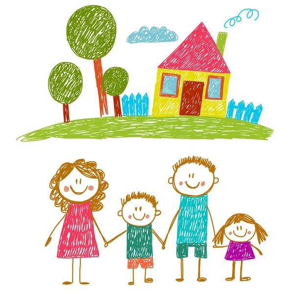 Glückliche Familie mit Haus. Kinder zeichnen. Kindergartenkinder. Mutter, Vater, Schwester, Bruder. Eltern, Kindheit. — Stockvektor