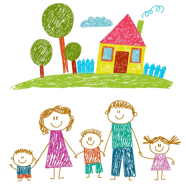 집이 있는 행복 한 가족. 아이들의 그림. 유치원 아이들의 그림. 어머니, 아버지, 자매, 형제. 부모, 어린 시절. — 스톡 벡터