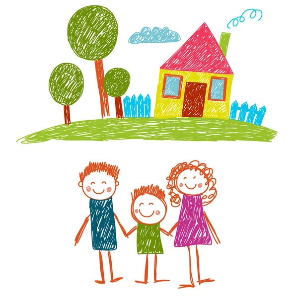 Familia feliz con casa. Niños dibujando. Ilustración infantil de jardín de infantes. Madre, padre, hermana, hermano. Padres, infancia. — Vector de stock