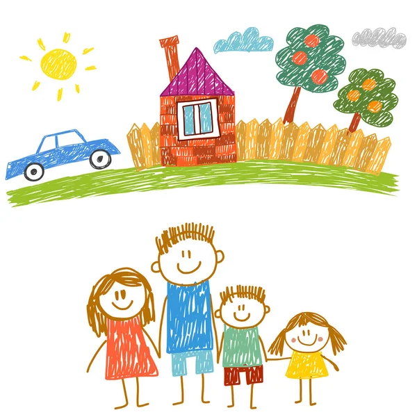 Joyeux famille avec maison. Des enfants dessinent. Illustration pour enfants de la maternelle. Mère, père, sœur, frère. Parents, enfance. — Image vectorielle