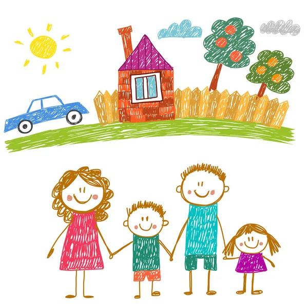 Joyeux famille avec maison. Des enfants dessinent. Illustration pour enfants de la maternelle. Mère, père, sœur, frère. Parents, enfance. — Image vectorielle