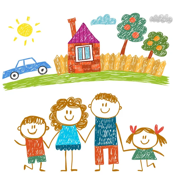 Família feliz com casa. Crianças a desenhar. Ilustração das crianças do jardim de infância. Mãe, pai, irmã, irmão. Pais, infância. —  Vetores de Stock