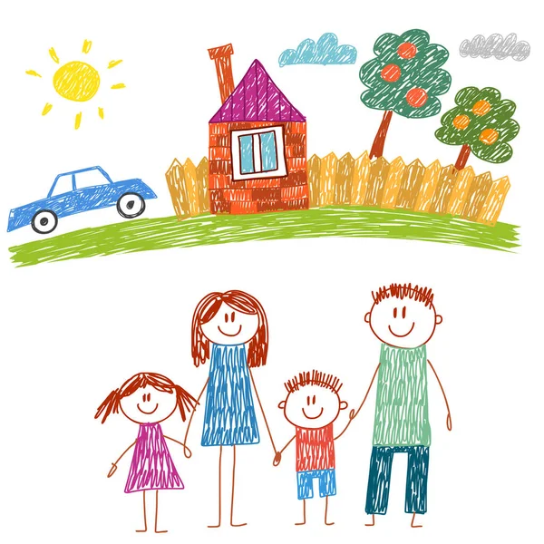 Joyeux famille avec maison. Des enfants dessinent. Illustration pour enfants de la maternelle. Mère, père, sœur, frère. Parents, enfance. — Image vectorielle