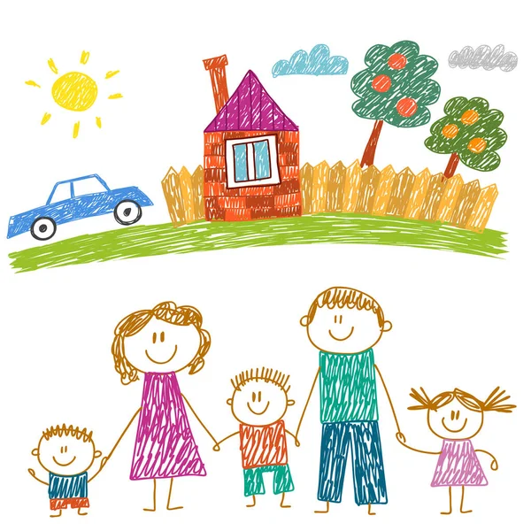 Glückliche Familie mit Haus. Kinder zeichnen. Kindergartenkinder. Mutter, Vater, Schwester, Bruder. Eltern, Kindheit. — Stockvektor