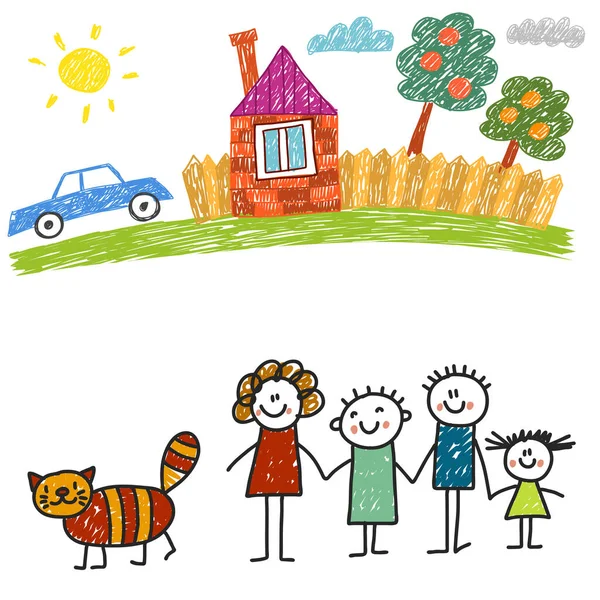 Joyeux famille avec maison. Des enfants dessinent. Illustration pour enfants de la maternelle. Mère, père, sœur, frère. Parents, enfance. — Image vectorielle