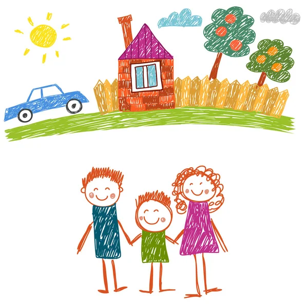 Joyeux famille avec maison. Des enfants dessinent. Illustration pour enfants de la maternelle. Mère, père, sœur, frère. Parents, enfance. — Image vectorielle