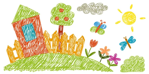 Çocuk çizimi. Çocukların çizim tarzı. Büyük bir aile evi. Boya kalemi vektör çizimi.