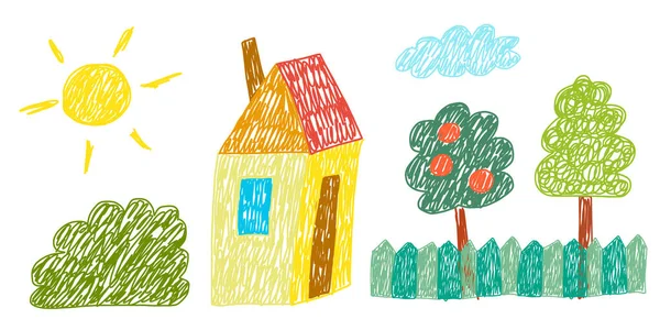 Çocuk çizimi. Çocukların çizim tarzı. Büyük bir aile evi. Boya kalemi vektör çizimi.