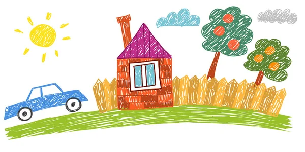 子供の絵。子供の絵のスタイル。大家族の家だ。クレヨンベクトルイラスト. — ストックベクタ