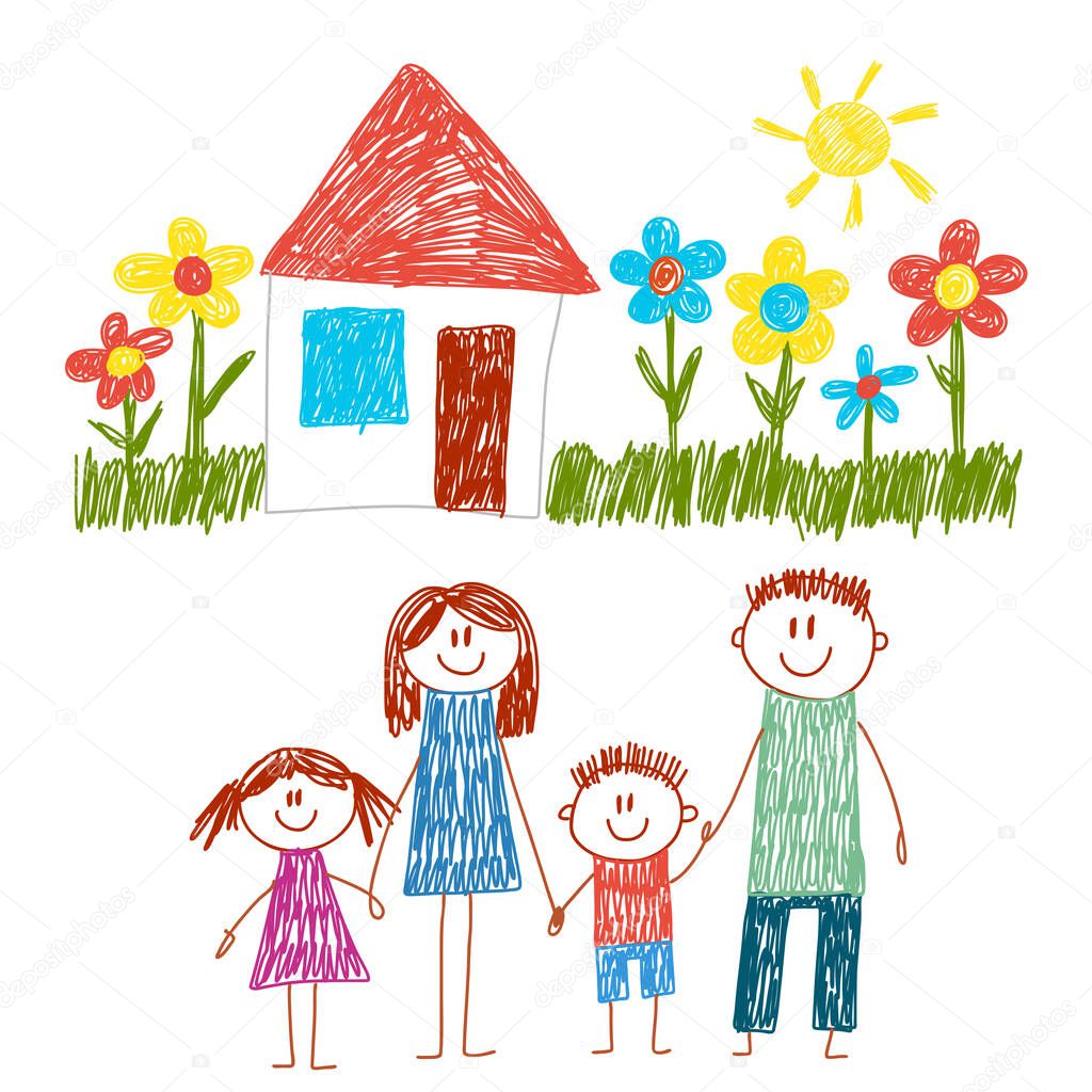 Happy family with house. Kids drawing. Kindergarten children illustration. Mother, father, sister, brother. Parents, childhood.