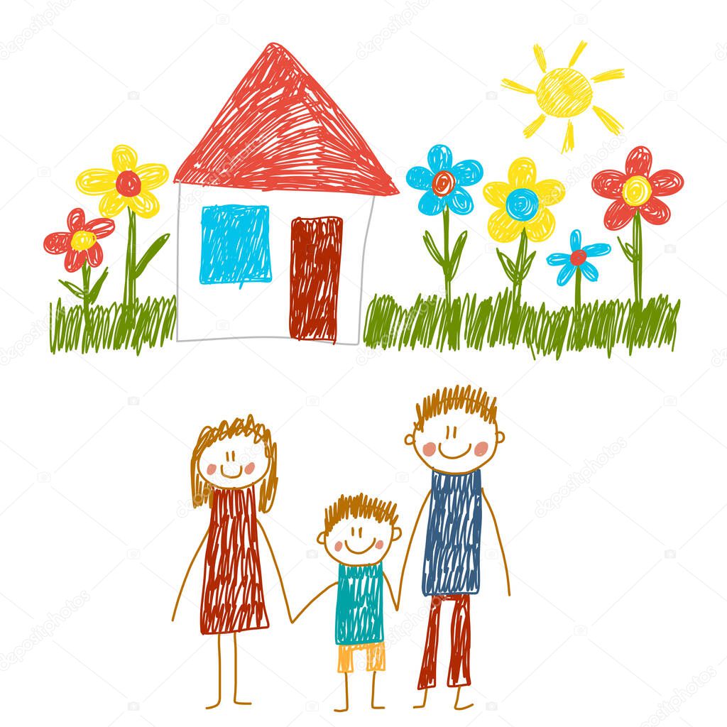 Happy family with house. Kids drawing. Kindergarten children illustration. Mother, father, sister, brother. Parents, childhood.