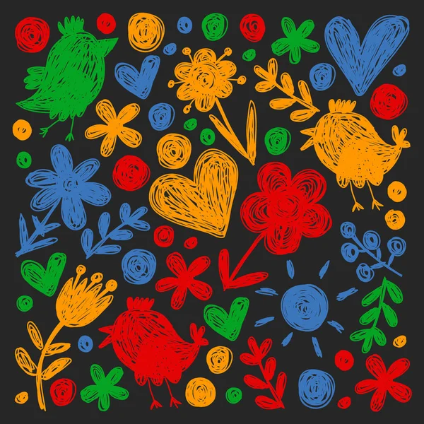 Patrón de jardín de infantes con flores y pájaros. Ilustración vectorial floral niños. — Vector de stock