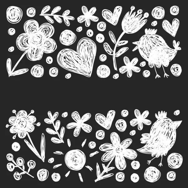 Παιδικό παιδικό μοτίβο με λουλούδια και πουλιά. Παιδικό floral διάνυσμα. — Διανυσματικό Αρχείο