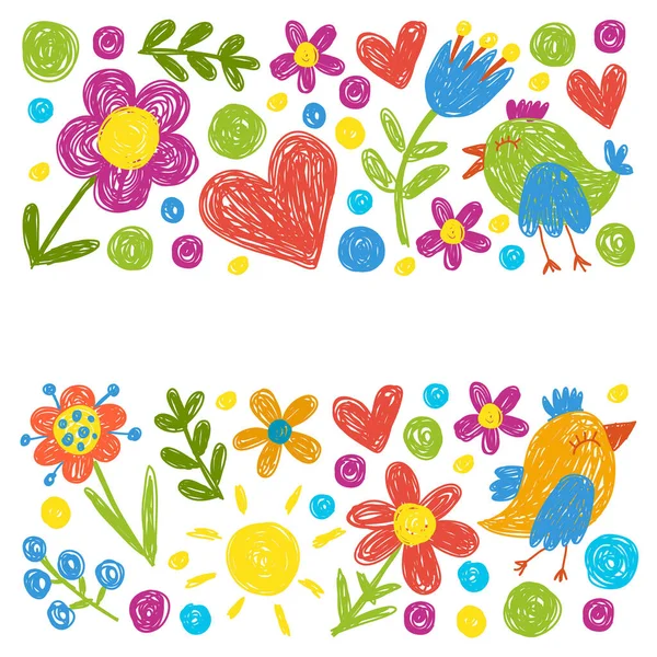 Jardin d'enfants motif de la maternelle avec des fleurs et des oiseaux. Illustration vectorielle florale pour enfants. — Image vectorielle