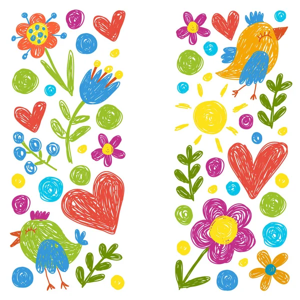 Jardin d'enfants motif de la maternelle avec des fleurs et des oiseaux. Illustration vectorielle florale pour enfants. — Image vectorielle