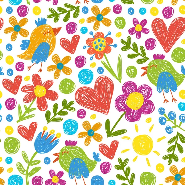 Kinderen kleuterschool patroon met bloemen en vogels. Kinderen florale vector llustratie. — Stockvector