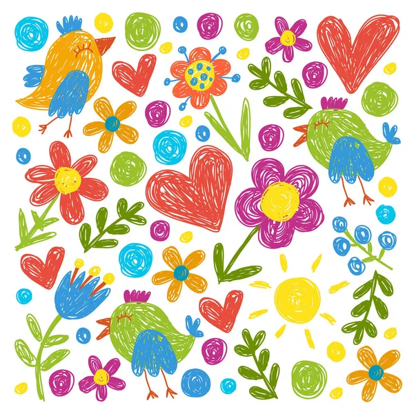 Dzieci wzór przedszkola z kwiatami i ptakami. Dzieci wektor kwiatowy ilustracja. — Wektor stockowy