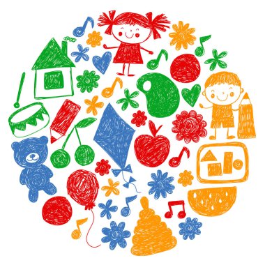 Anaokulu vektör şablonu. Çocukların çizim tarzı. Çocuklar oynar ve büyür, yaratıcılık ve hayal gücü. Okul öğrencisi.