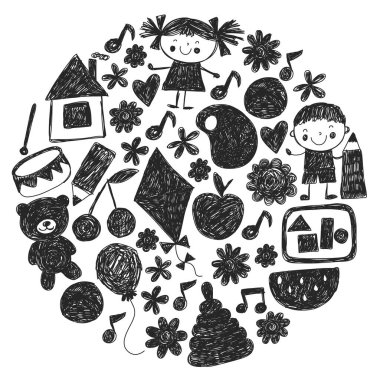 Anaokulu vektör şablonu. Çocukların çizim tarzı. Çocuklar oynar ve büyür, yaratıcılık ve hayal gücü. Okul öğrencisi.