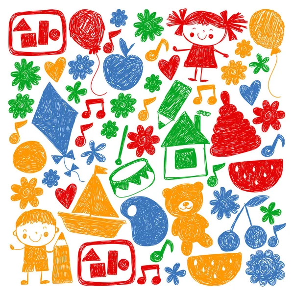 Kindgergarten vector pattern. Kids drawing style. Children play and grow, creativity and imagination. School student. — Stock Vector