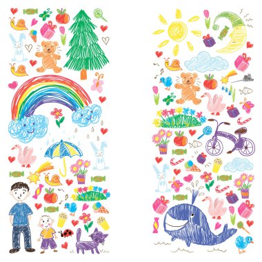 Anaokulu. Çocukların çizim tarzı. - Aile. Anne, baba, kız kardeş, erkek kardeş. Erkekler ve kızlar. Vektör deseni.