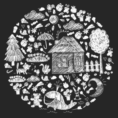 Anaokulu. Çocukların çizim tarzı. - Aile. Anne, baba, kız kardeş, erkek kardeş. Erkekler ve kızlar. Vektör deseni.