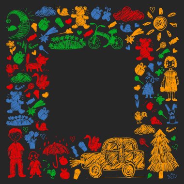 Anaokulu. Çocukların çizim tarzı. - Aile. Anne, baba, kız kardeş, erkek kardeş. Erkekler ve kızlar. Vektör deseni.