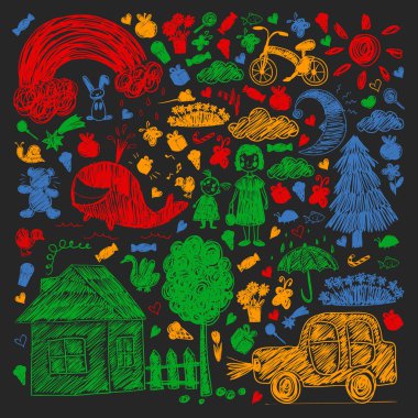 Anaokulu. Çocukların çizim tarzı. - Aile. Anne, baba, kız kardeş, erkek kardeş. Erkekler ve kızlar. Vektör deseni.