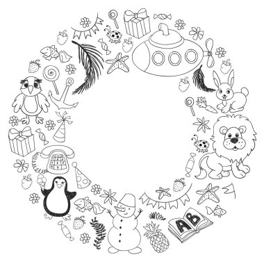 Hayvanlar ve oyuncaklarla çocuk yuvası deseni. Küçük kızlar ve oğlanlar için illüstrasyon.