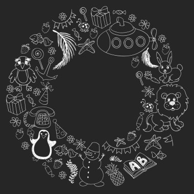 Hayvanlar ve oyuncaklarla çocuk yuvası deseni. Küçük kızlar ve oğlanlar için illüstrasyon.