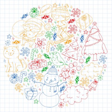 Çocuklu bir Noel kış vektörü. Çocuklar tatil ve spor.