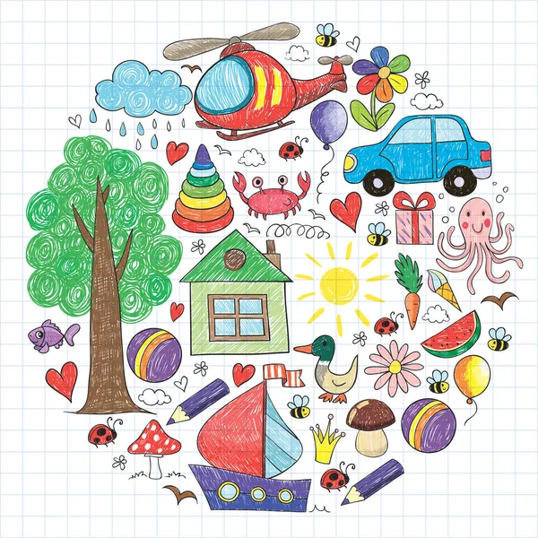 Patrón de jardín de infantes vectorial con helicóptero, casa, juguetes, barco. Niños y niñas educación en línea. — Vector de stock