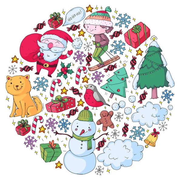 Christmas winter vector background with children. Kids vacation and sport. — Stock Vector