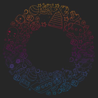 Küçük çocuklar için vektör oyuncakları. Ufo, denizaltı. Çizgi film dinozoru. Anaokulu çocukları.